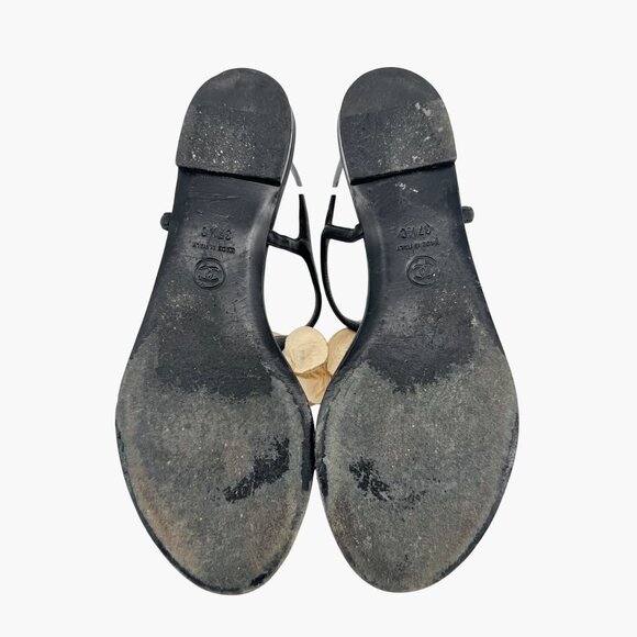 Chanel Camellia Flower CC Sandals Size 37.5C US 6.5-7 Black Leather Flat T-Strap - Picture 12 of 14
